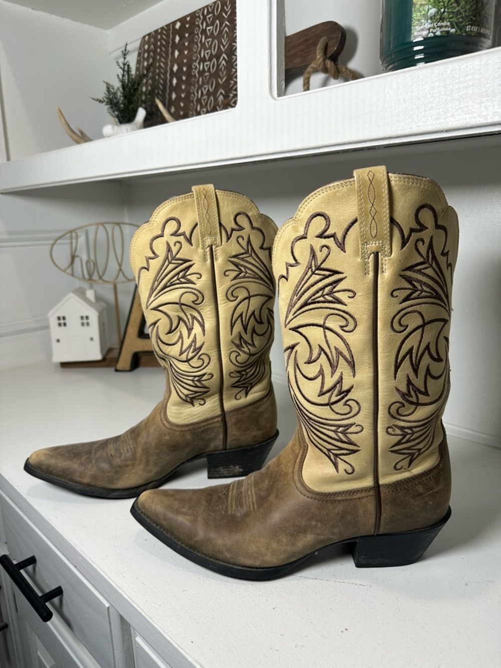 Ariat Western Boots Womens 10B Brown Tan Leather Cowboy Embroidered Two Tone